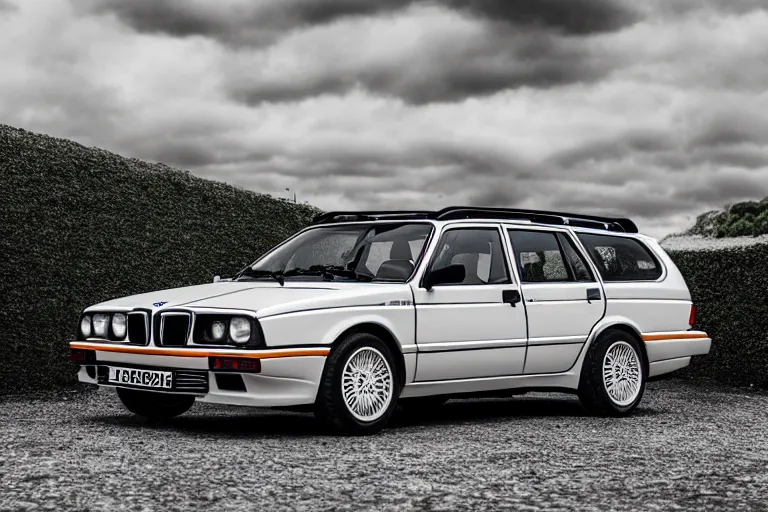 Image similar to 2055 Lancia Delta Integrale BMW M1 estate wagon, XF IQ4, 150MP, 50mm, F1.4, ISO 200, 1/160s, natural light, Adobe Photoshop, Adobe Lightroom, photolab, Affinity Photo, PhotoDirector 365