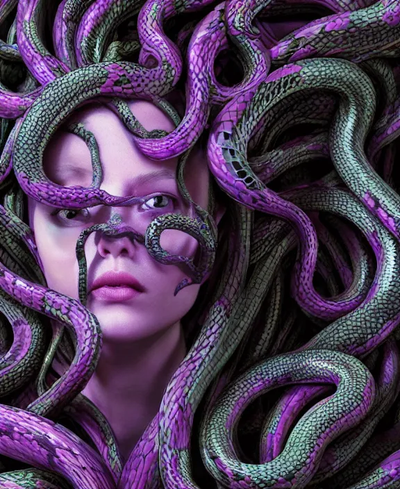 Image similar to beautiful medusa head highly detailed snakes, cosmic horror, abstract, ghostly, arcade, duotone, poltergeist, epic lighting, intricate, elegant, highly detailed, smooth, sharp focus, photo real, ultra realistic, unreal engine 5, raytracing, in the style of beeple and mike winkelmann, ultraviolet colors