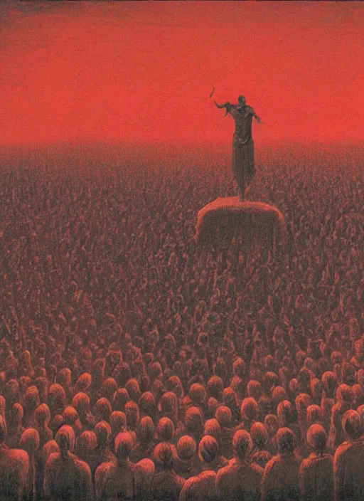 Image similar to a large amount of cultist followers gathered in front of a cult leader's stage, view from stage, in the style of beksinski