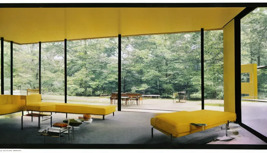 Prompt: architecture ad for a mid-century modern house designed by mies van der rohe. Film grain, cinematic, colorized, yellow hue.