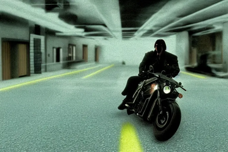 Image similar to beautiful hyperrealism three point perspective film still of Keanu Reeves as neo in bullet time aiming at agent smith in a nice oceanfront promenade motorcycle chase scene in Matrix meets ronin(1990) extreme closeup portrait in style of 1990s frontiers in translucent porcelain miniature street photography fashion edition,, tilt shift style scene background, soft lighting, Kodak Portra 400, cinematic style, telephoto by Emmanuel Lubezki