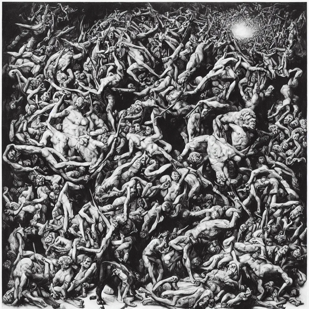 Image similar to Richard Dean Anderson as the Dictator of a socialist state surrounded by the stairway of hell. Surrealist painting by Gustave Courbet, Michiel Shrijver and M.C. Escher.