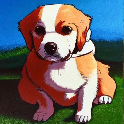 Image similar to painting of cute dog, full size, in style of studio ghibli, photorealistic