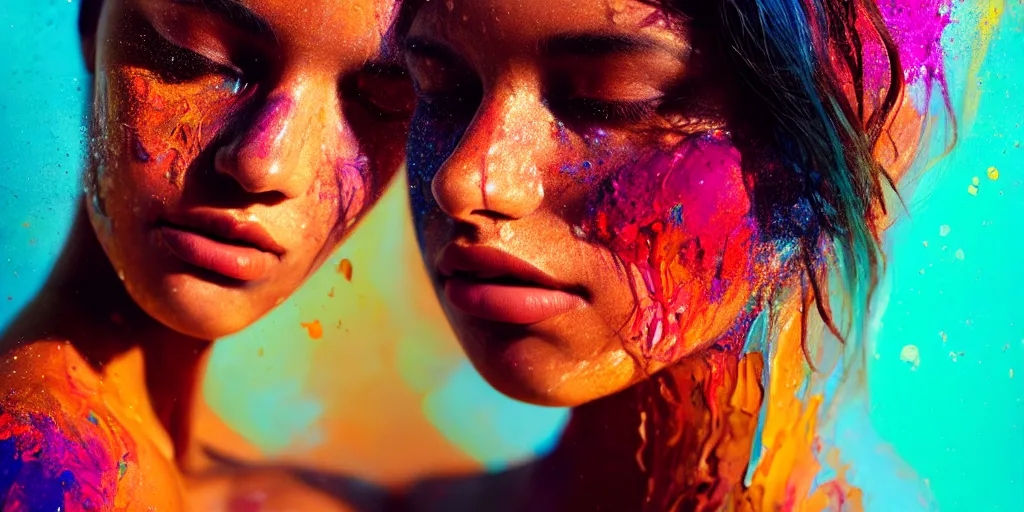 Image similar to very beautiful woman, face submerged in colorful oils, brown skin, realism, extreme detail, real life, key art, soft light, volumetric light, 3 - d shadows, photo by james jean and wlop, photoshoot