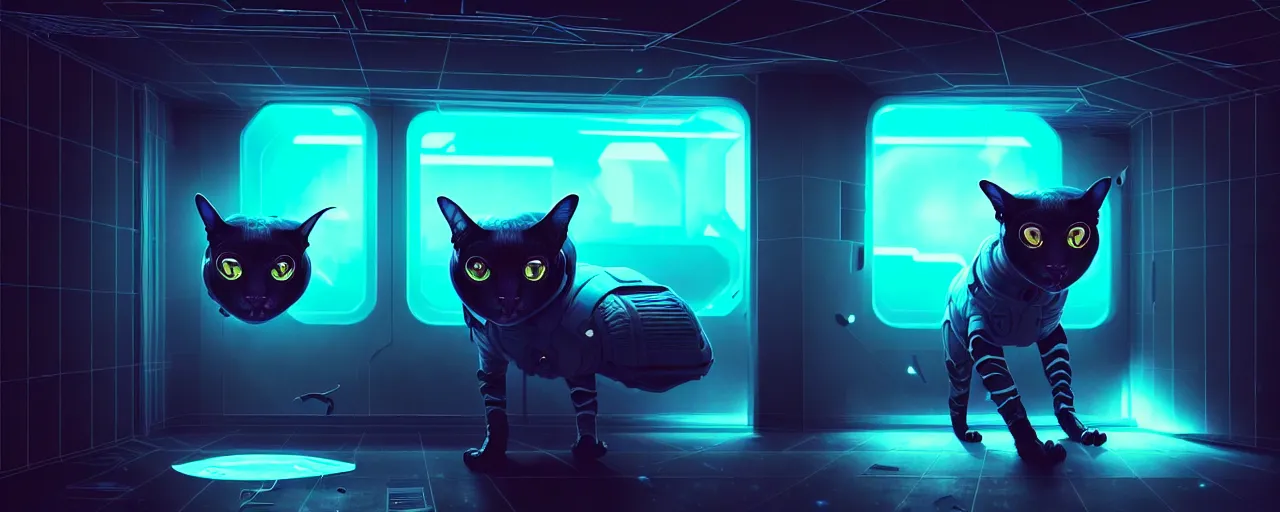 Image similar to duotone noir scifi concept dynamic illustration of 3 d mesh of alien cat inside box floating zero gravity glowing 3 d mesh portals futuristic, glowing eyes, octane render, surreal atmosphere, volumetric lighting. accidental renaissance. by sachin teng and sergey kolesov and ruan jia and heng z. graffiti art, scifi, fantasy, hyper detailed. trending on artstation