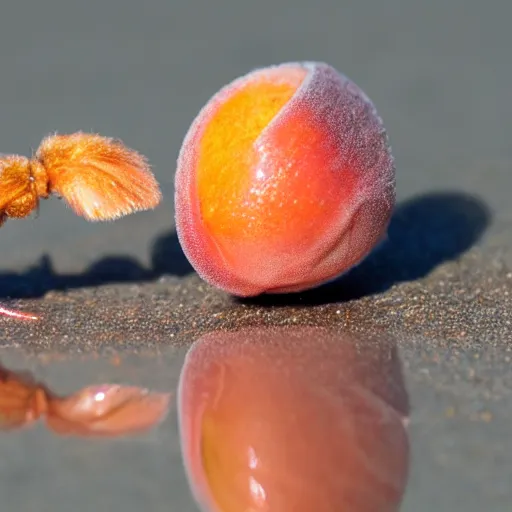 Prompt: a female peach with eyelashes and long legs walking on the beach, realistic, macro photo, highly detailed