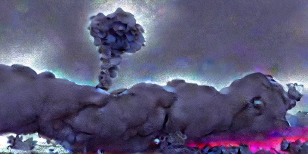 Image similar to combat drone strike war footage, ir, chromatic aberration!!!!!!!!!!!, broken camera colors, iridescent!!!!!!!!! saturated infrared camera, very high contrast, nuclear cloud, high angle vertical, inversed color, clouds, jpeg compression