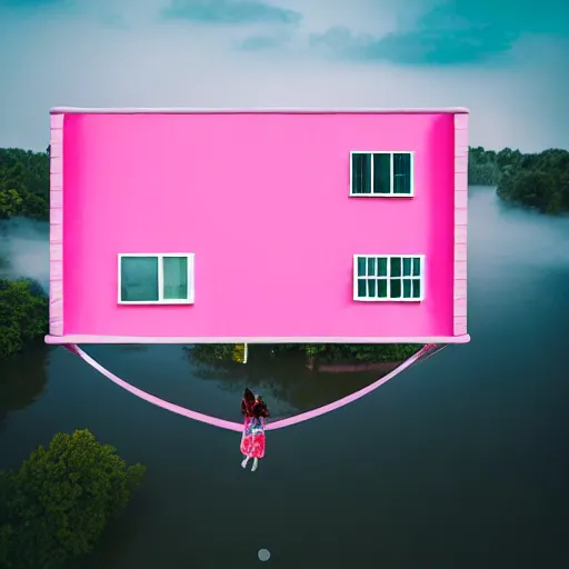 Image similar to a 5 0 mm lens photograph of a cute pink floating modern house, floating in the air between clouds, inspired by the movie up, held up from above by heart ballons. mist, playful composition canon, nikon, award winning, photo of the year