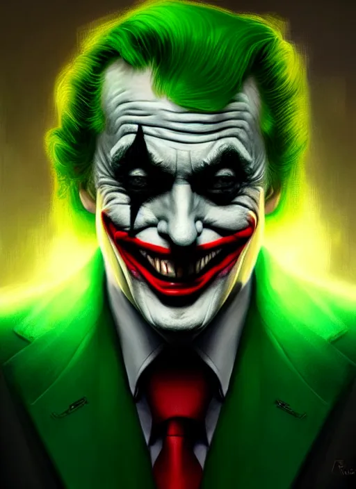 Image similar to portrait of donald trump as the joker, green hair, intricate, elegant, glowing lights, highly detailed, digital painting, artstation, concept art, sharp focus, illustration, art by wlop, mars ravelo and greg rutkowski