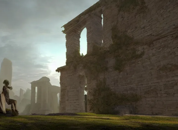 Image similar to a land ruins with a fort in the middle, golden pillars, water tunnels below and a time gate to another dimension, a wounded man wearing a white robe standing watching over, dramatic lighting, dawn, by caspar david friedrich, unreal engine 5