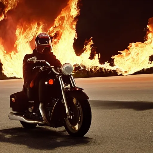 Image similar to Donald Trump on a motorcycle with fire coming out of the exhaust, without him wearing a helmet, leather jacket, cinematic lighting