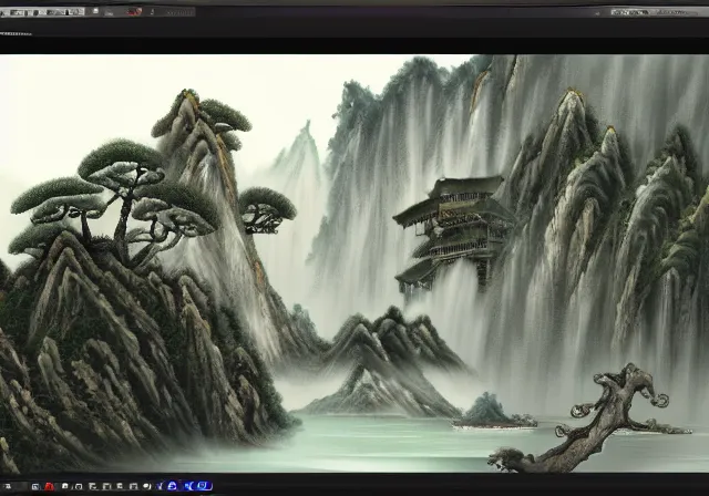 Image similar to ancient Chinese beautiful landscape mode concept art high realism