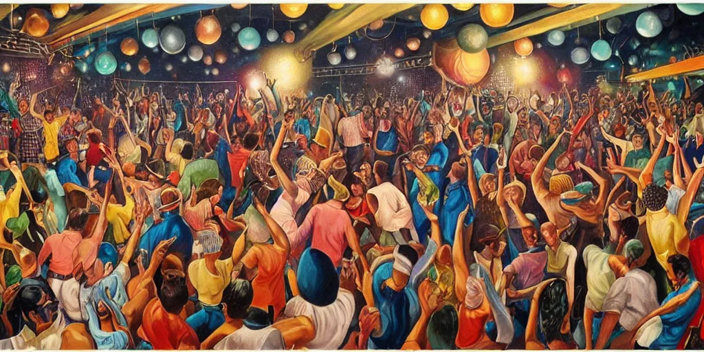 Prompt: a crowd of people dancing underneath a disco ball, painting by ernie barnes, super - detailed, a lot of tiny details, fullshot