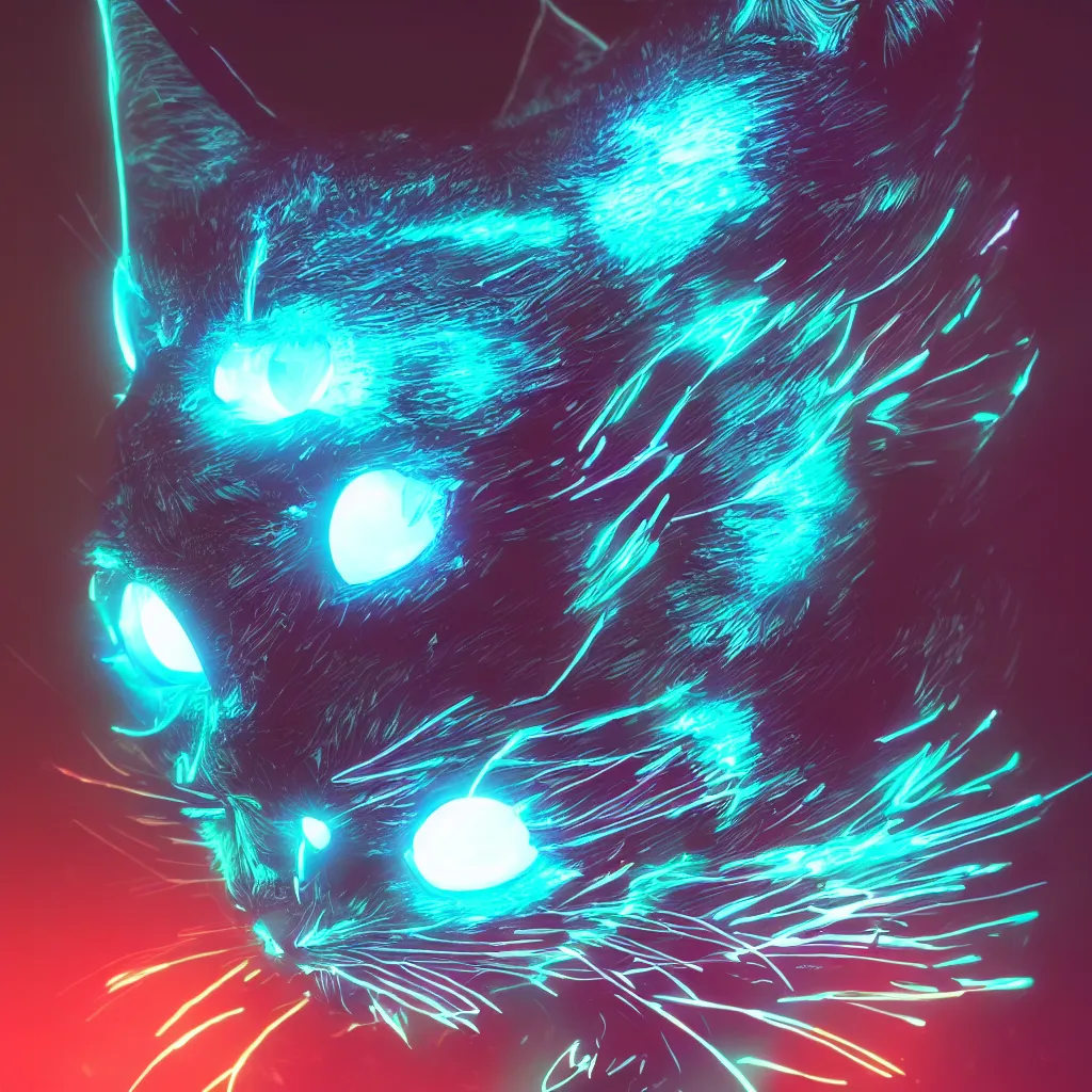 Image similar to cyber cat, cyber neon lighting, glowing eyes, futurism, hyper photorealistic, crispy quality, digital photography, trending in artstation, cinematic, beeple, 4 k ultra hd