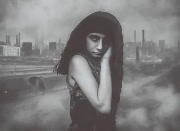 Image similar to mysterious sad girl wrapped in smoke observing a big industrial city metropoli in the distance, cloudy sky, polaroid artistic photo