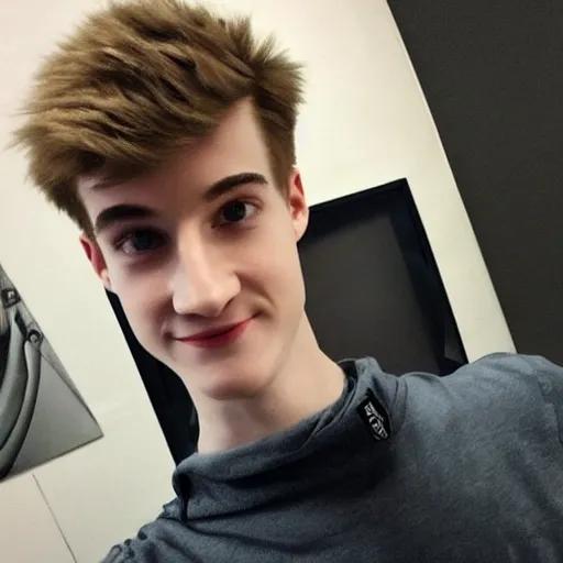 Prompt: “a realistic detailed photo of a guy who is an attractive humanoid who is half robot and half humanoid, who is a male android, twitch streamer Ninja Tyler Blevins, shiny skin, posing like a statue, blank stare, gaming room, eyes glitching”