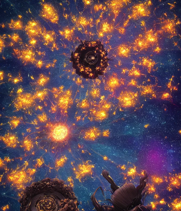 Image similar to impressive ominous cinematic fine photo of a spiraling exploding sun launching flowers across the starry night sky, strange bouquets, lighting impressive masterpiece hyper ultra detailed intricate sharp focus 8 k realistic illustration canon eos r 3 fujifilm x - t 3 0 sony alpha, artgerm colorful!!!, trending on artstation behance cgsociety, octane render nvidia raytracing demo