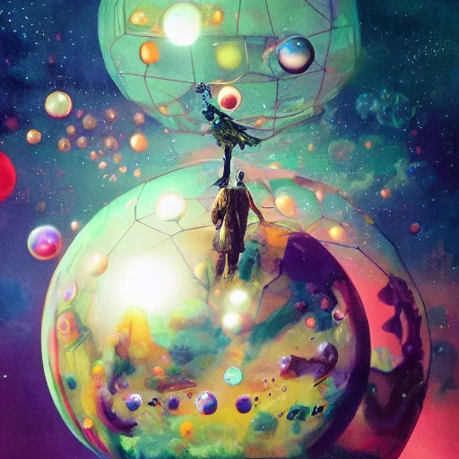 Image similar to surreal gouache painting, yoshitaka amano, ruan jia, conrad roset, kilian eng, balls, bubbles, orbs, spheres, incredibly detailed, of floating molecules and a mannequin artist holding an icosahedron with stars, clouds, and rainbows in the background, retrowave, modular patterned mechanical costume headpiece, artstation