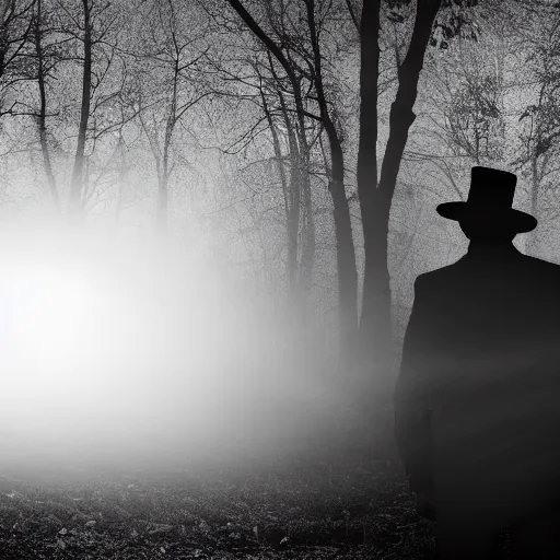 Image similar to white light from right, mysterious man in black suit and black hat, he has a pistol, smoke, fog, mysterious, 4 k, highly detailed, digital art, strong shadows, high contrast, epic scene, atmospheric, blue colours, old photograph