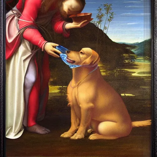 Prompt: framed renaissance painting of a dog drinking water out of a cup