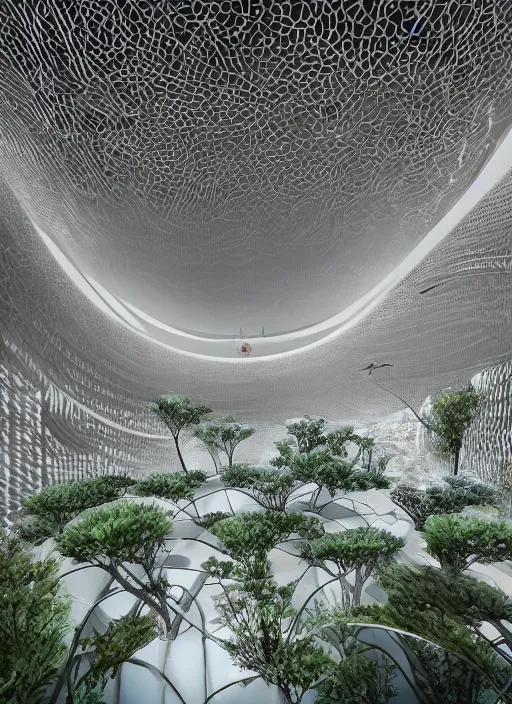 Image similar to a photo of a futuristic biomimicry oasis interior + the interior is elegant and made of a biomimicry nature with ornate patterns + photo taken on a misty morning + architectural photography, 8K, photorealistic