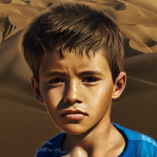 Image similar to a detailed portrait of a boy in the desert, art illustration, incredibly highly detailed and realistic, 8 k, sharp focus