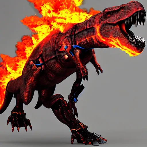 Image similar to t-rex mecha bursting flames, photorealistic, 3D