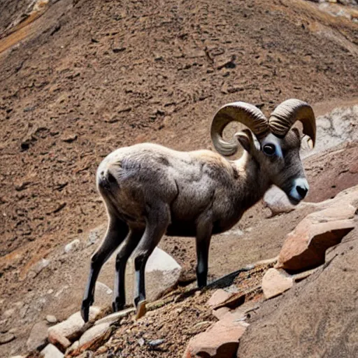 Prompt: a bighorn sheep wearing sunglasses at the summit of Mount Denali