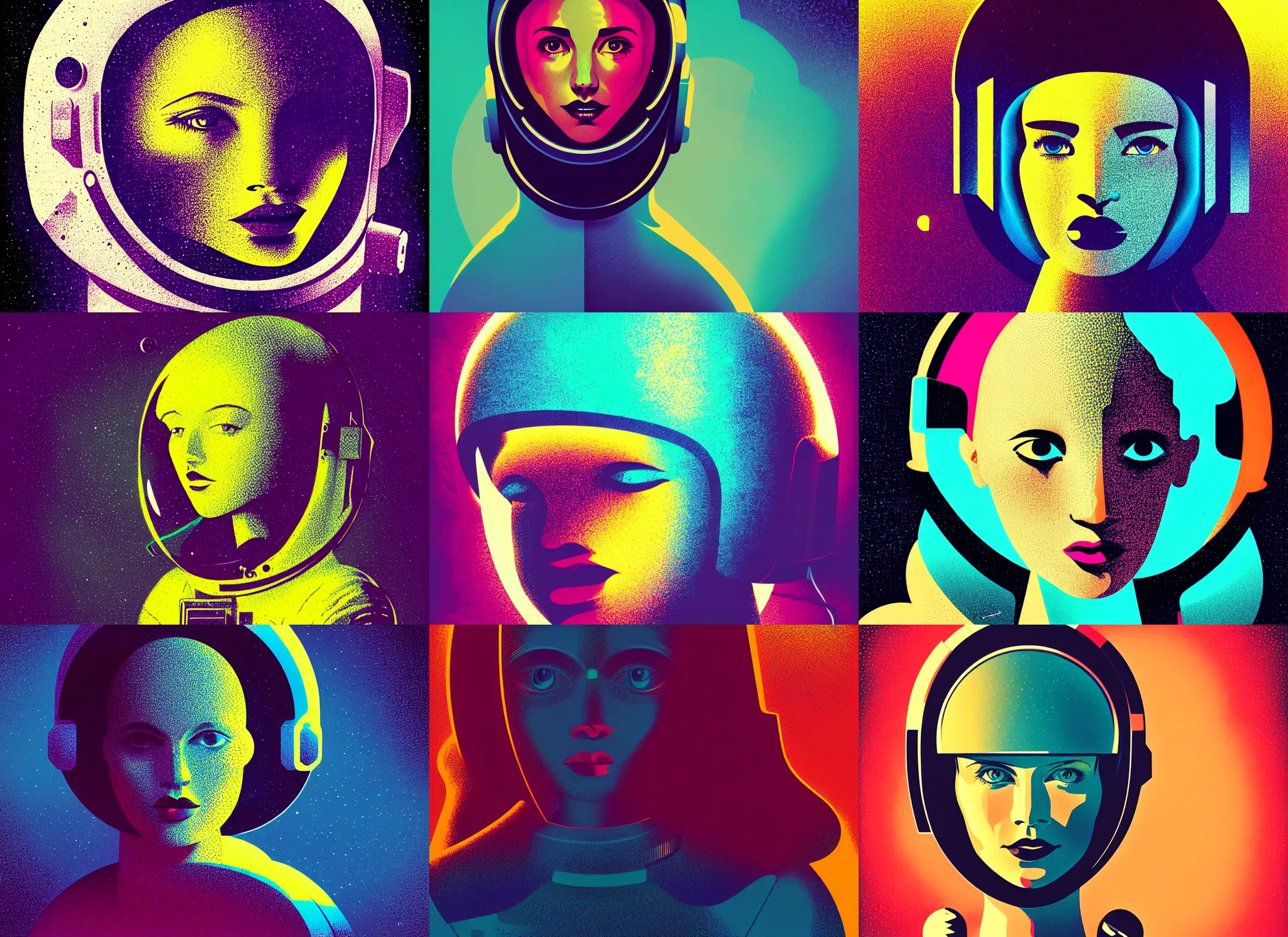 Image similar to portrait of a young astronaut girl, colorful, modern art deco, mads berg, karolis strautniekas, stippled light, fine texture, editorial illustration, dramatic lighting, dynamic composition, detailed, matte print, dynamic perspective, muted color