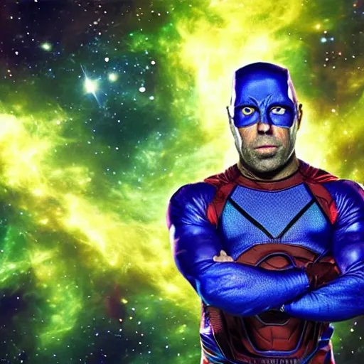 Image similar to UHD candid photo of Joe Rogan dressed as a cosmic superhero, accurate face, UHD, photorealistic, correct face, photo by Annie Leibowitz