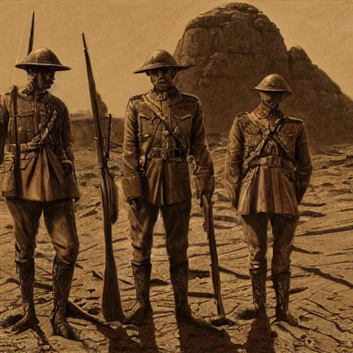 Image similar to ultra detailed photorealistic sepia - toned painting from 1 9 1 7, three british soldiers standing at an archaeological dig site in wadi rum, ultra realistic, painted, intricate details, lovecraft, atmospheric, dark, horror, brooding, highly detailed, by angus mcbride