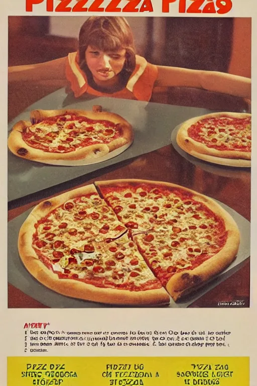 Prompt: pizza advert, from the 7 0 s, print on magazine