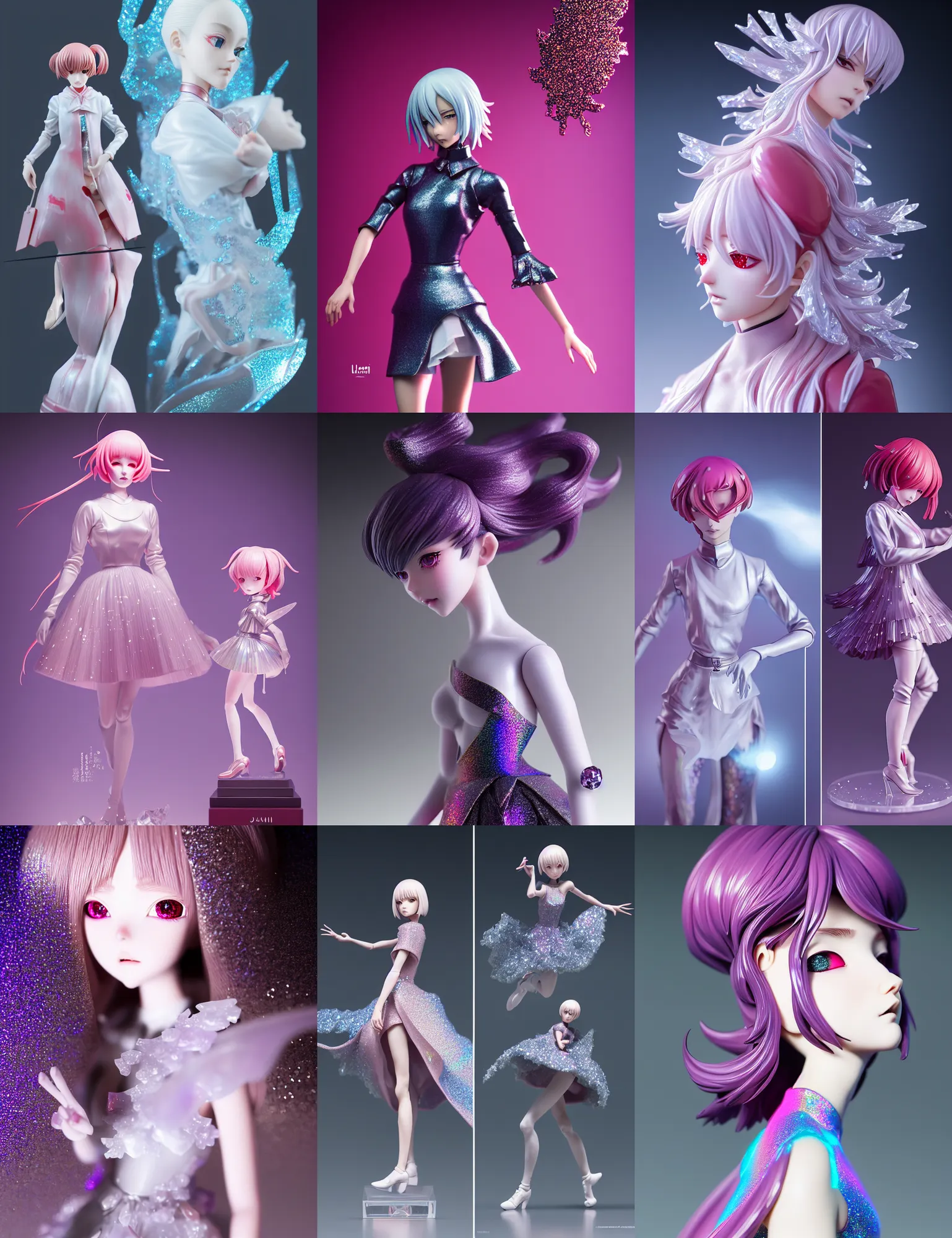 Image similar to sakimi, james jean, ilya kuvshinov isolated magical anime haute couture vinyl figure, avant hairstyle, artisan designer figure photography, glitter accents on figure, crystal holographic undertones, expert human proportions, high detail, ethereal lighting, rim light, expert light effects on figure, sharp focus, dramatic composition and glowing effects unreal engine, octane, editorial awarded best character design