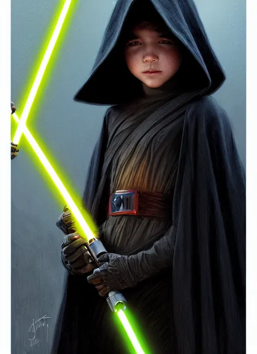 Image similar to perfectly - centered - portrait of a kid wearing black cloak holding light saber, intricate, highly detailed, digital painting, artstation, concept art, smooth, sharp focus, illustration, unreal engine 5, 8 k, art by artgerm and greg rutkowski and alphonse mucha