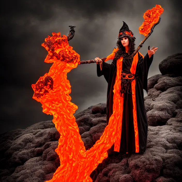 Prompt: professional photograph of a real-life beautiful elemental lava witch with ornate orange and black robes and staff. Extremely detailed. 8k