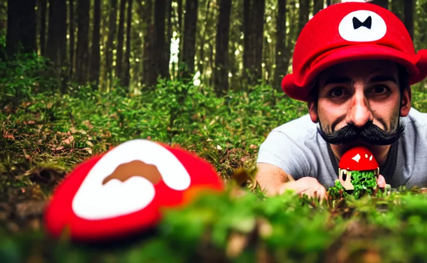 Image similar to italian man with a mustache dressed as mario wearing a solid red mario hat, crawling on the ground, eyes rolled back, licking a red mushroom with white spots, in a forest, photography, 5 0 mm lens, f 1. 8