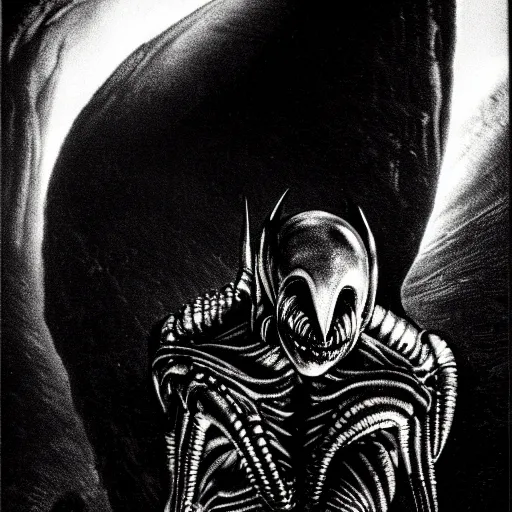 Prompt: a close - up, ultra detailed black & white studio photographic portrait of a loud screeching giant, bat - like creature flying towards you, you are exploring an alien planet and come across a strange, dark cave, dramatic backlighting, 1 9 7 3 photo from life magazine, by keith thompson, h. r. giger, in the style of the movie aliens