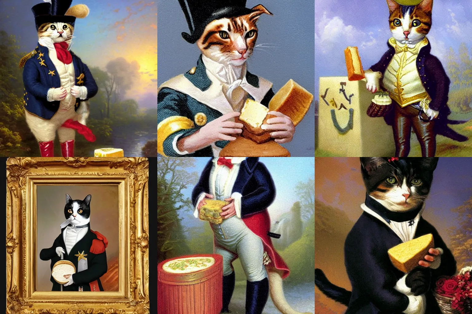 Prompt: a cat dressed as Napoleon holding cheese by Thomas Kinkade