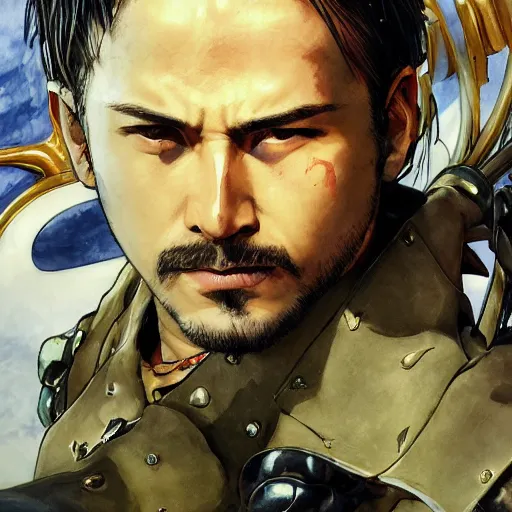 Prompt: portrait of a hero holding his sword in front of his face by yoji shinkawa, high quality, extra details, realism, ornate, colored, golden chain, blood, white skin, short hair, brown eyes, vivid, sunlight, dynamic, american man, freedom, white american soldier, painting, hidden face, twin snakes