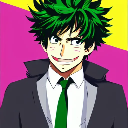 Image similar to full body elegant portrait of izuku midoriya, gta art, gta cover art, anime, abstract art