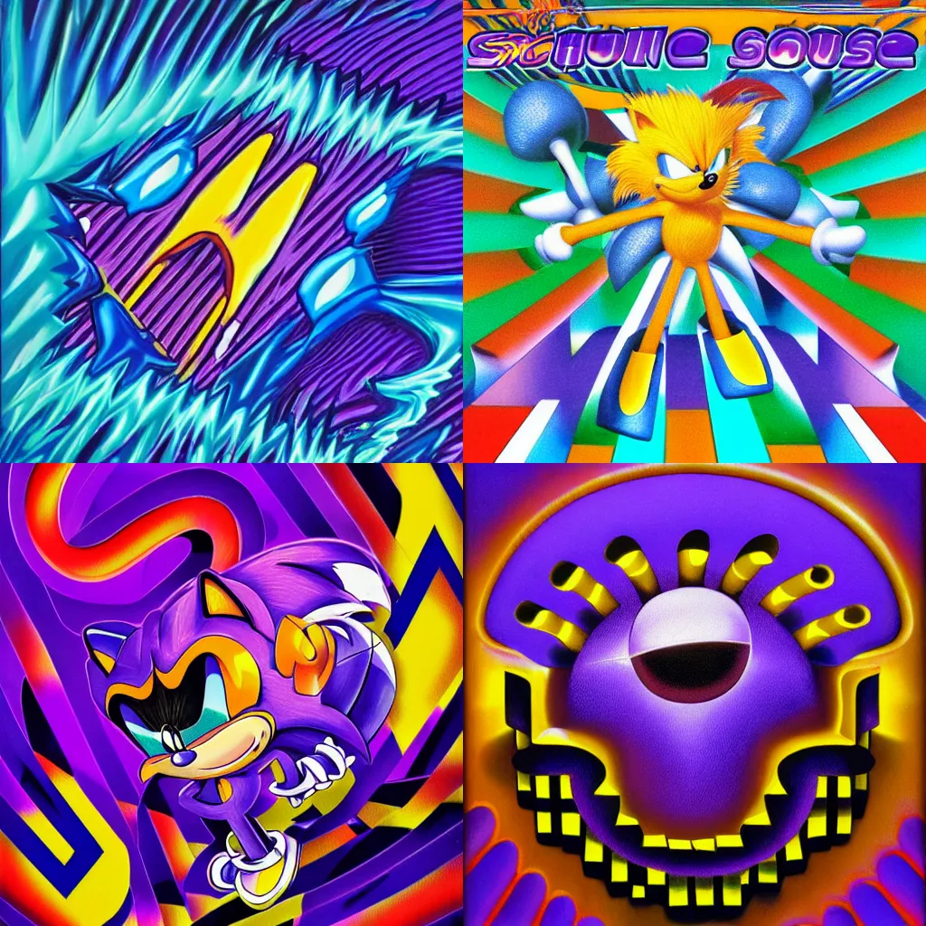 Prompt: surreal, sharp, detailed professional, high quality airbrush art MGMT album cover of a liquid dissolving DMT sonic the hedgehog, purple checkerboard background, 1990s 1992 Sega Genesis video game box art sonic