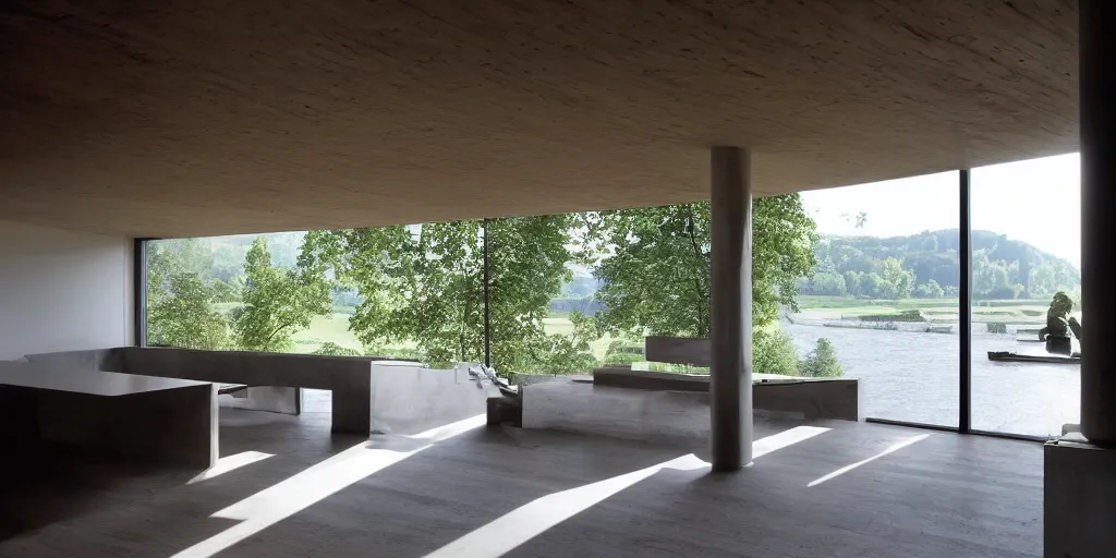 Prompt: a house by the river rhein close to mumpf designed by peter zumthor, beautiful ambient light, silver hour