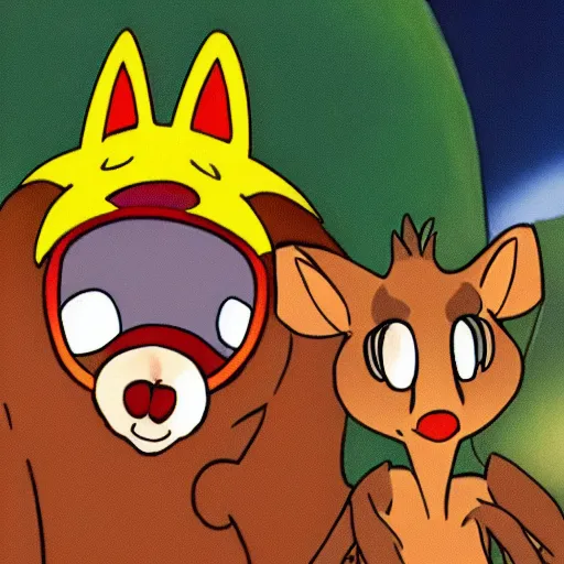 Prompt: a still of from a 90s cartoon, of a kangaroo and a hedgehog