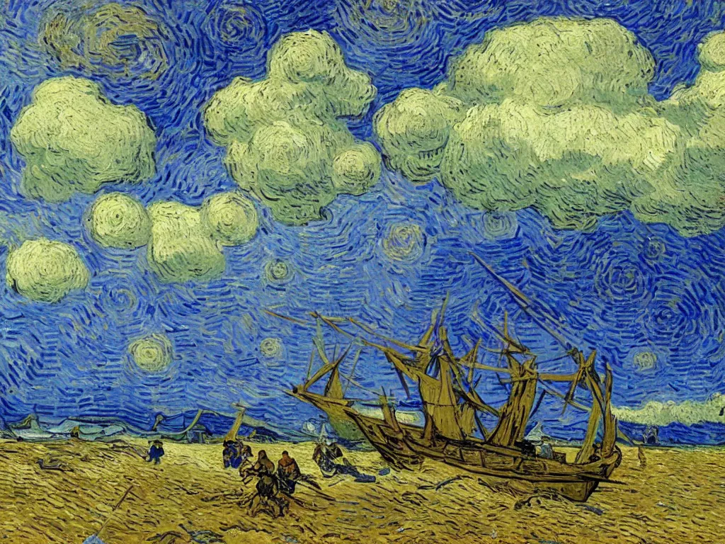 Image similar to oil painting of a viking longship beached on a desert island in the south pacific, light scatter, van gogh