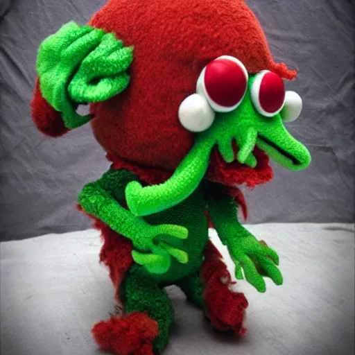 Prompt: toy cthulhu in the style of Jim Henson's muppets, photo, high definition, grim, dark