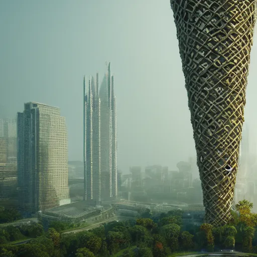 Image similar to fuming effigy, skybridge towers, gilt-leaf winnower, beings of astonishing structure, high detail, cinematic, cgsociety 8k