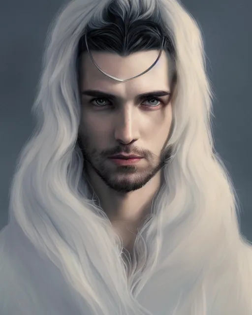 Image similar to portrait, beautiful male elf, long wavy white hair, super detailed, light black armor with silver accenting, silver jewelry, fur lined cape, 8 k, filmic, octane render, sunlight, clouds, artstation, greg rutkowski, rossdraws, william bouguereau, sharp focus