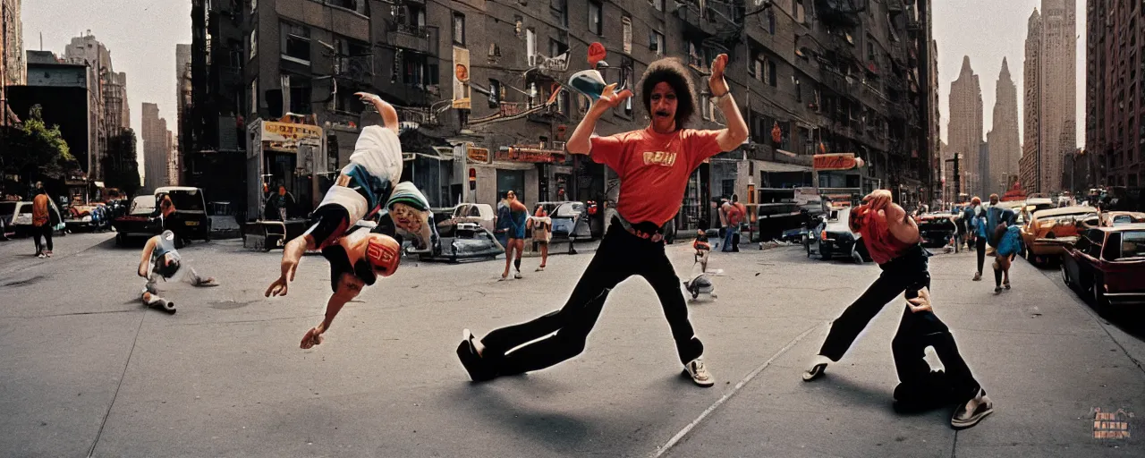 Image similar to 1 9 8 0's breakdancing next to a boombox,!!! spaghetti, nyc, afternoon light, detailed, canon 2 0 mm, wes anderson, kodachrome