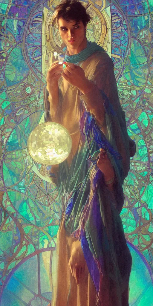 Prompt: a mystical digital illustration of a fortune - teller gypsy man with a crystal ball in her hand, iridescent scaled skin, refraction and reflections, translucent, shawl, robes, scarf, artstation, painting by alphonse mucha and bouguereau and ruan jia and conrad roset