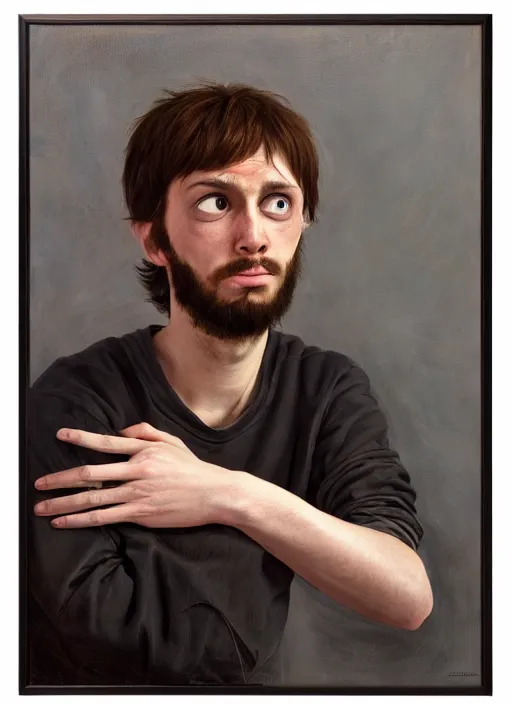 Prompt: insanely detailed portrait of a sleepy - looking programmer guy begging for forgiveness in front of his ultrawide monitor, oil on canvas, masterwork, fine detail, trending on artstation, emotive, insanely compelling, ryden, koons, moebius